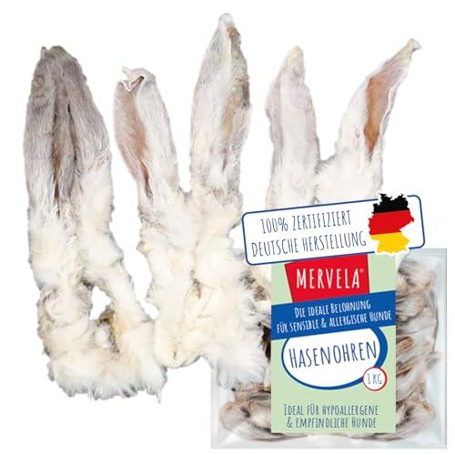 MERVELA Orejas de conejo con pelo para perros | 1 kg | 100% natural secado al aire | hipoalergénico y sin cereales | apoya la digestión y el cuidado dental