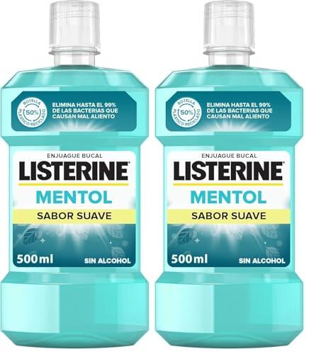 Listerine Enjuague Bucal, Mentol Sabor Suave, Sin Alcohol, Para uso Diario, Aliento Fresco Duradero, 500ml (Paquete de 2)