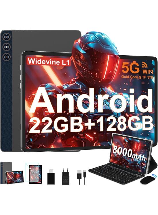 Tablet 10 Pulgadas Android 14, 22GB RAM + 128GB ROM(1TB Ampliable), Octa-Core Tablets con Widevine L1, 8000mAh, 5G WiFi, Cámara 8MP+5MP, Tablet con Teclado, BT5.0/GPS/OTG, Gris