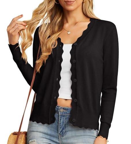 GRECERELLE Cárdigan de Mujer con Botones y Cuello en V Cárdigan de Mujer Ligero y Elegante para el Verano con Encaje (Negro, M)