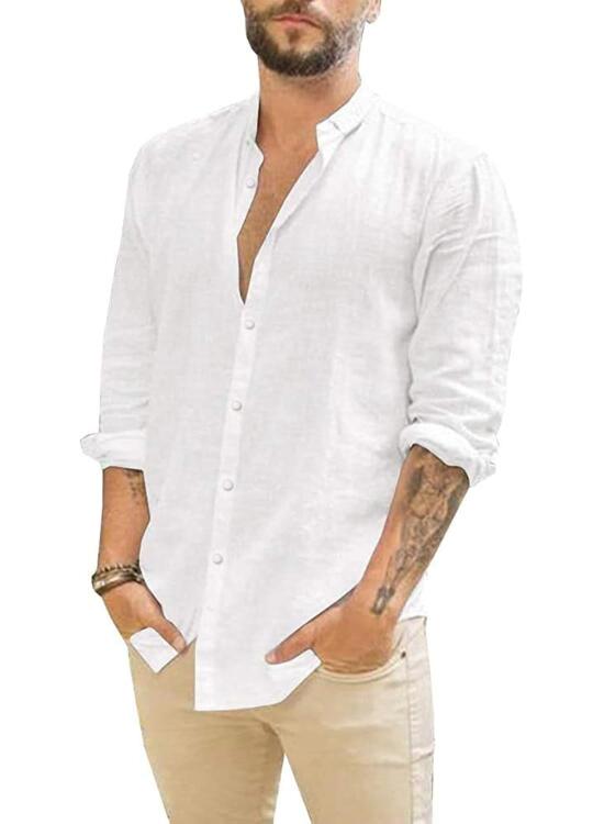 Friptspyg Hombres Camisa de Manga Larga de Algodón y Lino Corte Regular Ideal para Ocasiones de Playa y Vestir Casual Camisa de Verano