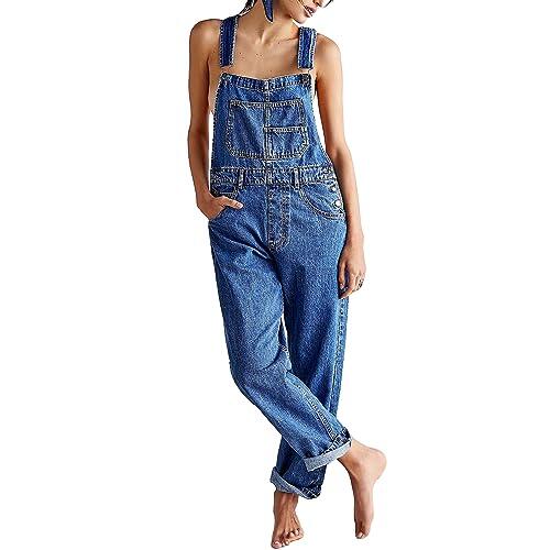 FeMereina Overol de mezclilla para mujer, ajuste holgado, clásico, casual, pantalones de mezclilla elásticos, pantalones de mezclilla de pierna cónica, azul, M