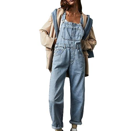 PDYLZWZY Monos de mezclilla para mujer, ajuste holgado, peto clásico, pantalones vaqueros casuales, mono elástico de mezclilla, overol, pantalones vaqueros cónicos, azul claro, M