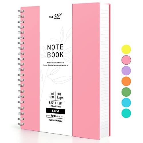 RETTACY A4 Cuaderno de notas, bloc de notas, cuadernos espiralados, 300 hojas/150 páginas para escribir, 100 g/m² papel cuadriculado de tamaño universitario, tapa dura de PVC, 21,5 x 27,9 cm – Rosa