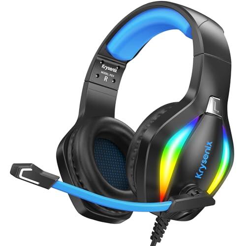 Krysenix PG1 Auriculares Gaming para PS4, PS5, PC, Nintendo Switch, Xbox, Cascos con Micrófono, Cascos Gaming Cancelación de Ruido, Auriculares con Conector de 3.5 mm y luz RGB, Negro/Azul