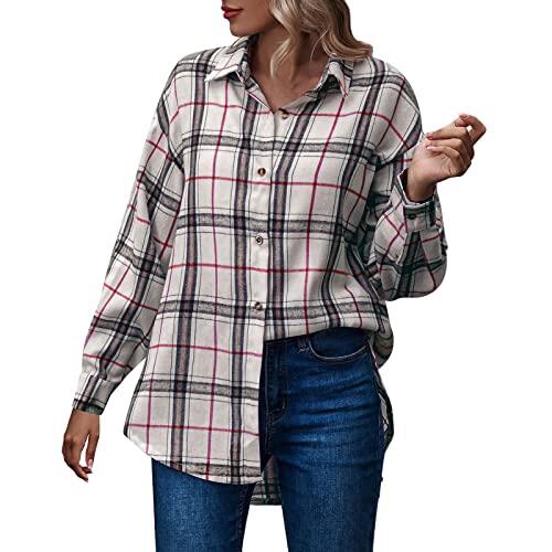 MODSGUE Chaqueta de camisa para mujer a cuadros a cuadros a cuadros vestido blusa clásica corte holgado blusa retro de los años 90 a cuadros tops, blanco1, XL