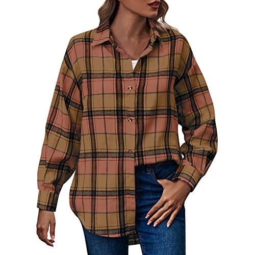 MODSGUE Chaqueta de camisa para mujer a cuadros a cuadros a cuadros vestido blusa clásica corte holgado blusa retro de los años 90 a cuadros tops, amarillo1, XL