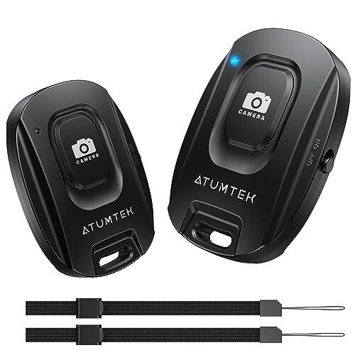 ATUMTEK Disparador Remoto Bluetooth 5.2 para iPhone y Smartphones Android (Pack de 2) – Control Remoto Inalámbrico para Fotos y Vídeos, Incluye Correa de Muñeca, Compacto y Portátil, Negro