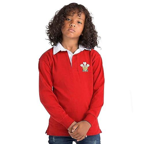 Cymru - Camiseta de rugby clásica de Gales bordada para niños, rosso, 5-6 Años