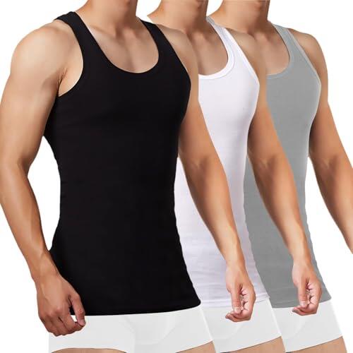 FALARY Camiseta de Tirantes para Hombre Pack de 3 de Algodón 100% más Camisetas Básicas para Hombre Interiores Negro Blanco Gris M