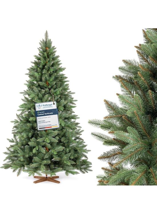 FAIRYTREES Árbol de Navidad, Nordmann Premium 220cm, Hecho en la UE, Árbol Artificial Navideño, Árbol de Navidad con Mezcla de Dos Materiales, Árbol con Soporte de Madera de