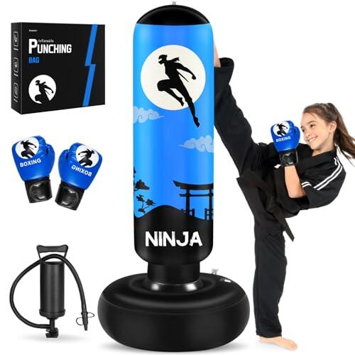 Esnowlee Saco de boxeo para niños, 66 pulgadas más grande con guantes, saco de boxeo inflable Ninja para boxeo, karate, regalos para niños de 5 a 12 años