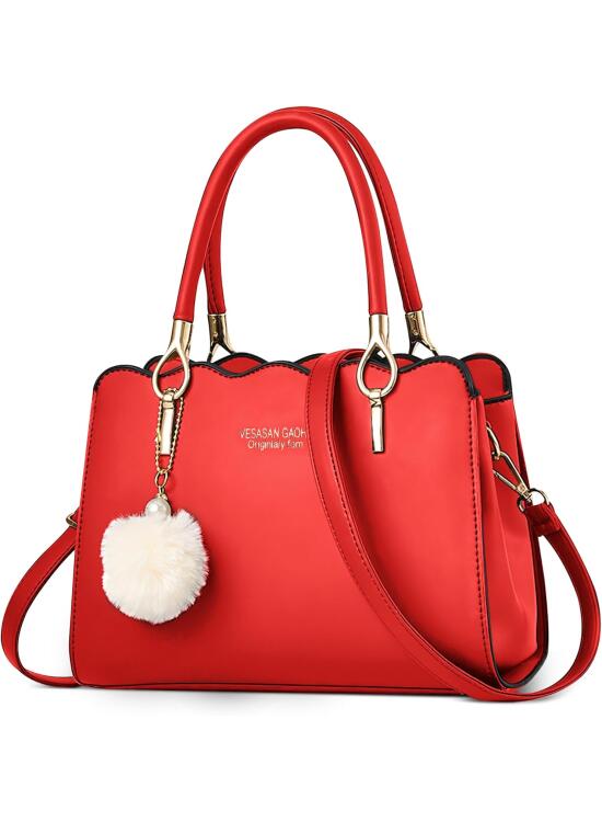 DEEVORCA Clásico Bolsos para Mujer Elegante Bolso Bandolera con Moda Pompóm Colgante Bolsa Mensajero Trabajar Compras Casuale Diario Viajes PU Cuero Señoras Grande Bolso Tote Rojo