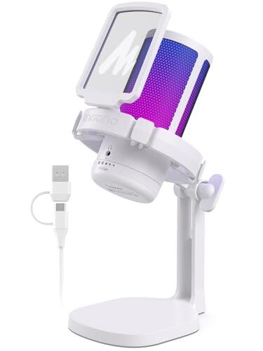 MAONO Microfono Gaming, USB Micrófono Condensador con Cancelación de Ruido para Streaming Podcast Studio, Compatible con PS5/PS4/Mac con Luces RGB Controlables, Botón de Silencio, Control de Ganancia