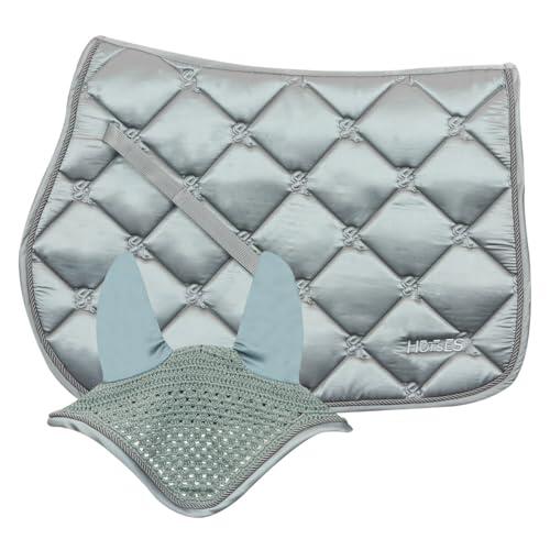 Ellen - Sudadero para sillín + gorro Ellen, suave y resistente, indispensable para proteger al caballo de traumas y golpes excesivos, sobrios y elegantes (completo, gris)