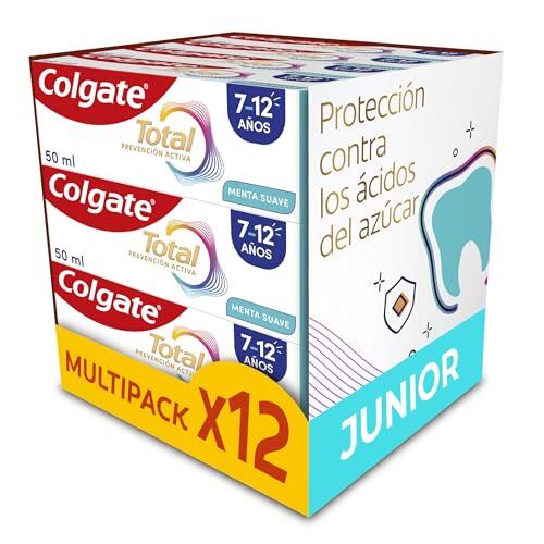 Colgate Total Junior, Pasta de Dientes Infantil, 7-12 años, Pack 12x50ml | Dentífrico con flúor para niños 7-12 años, Protección antibacteriana en 100% de la boca, Cuida dientes permanentes