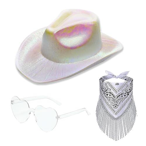 ZOOMPIL Sombrero de Vaquero Blanco con Bandana y Gafas de Amor, Sombrero Cowgirl de Fieltro Ajustable - Antideslizante y Estable, Ideal para Despedida de Soltera, Fiesta de Disfraces