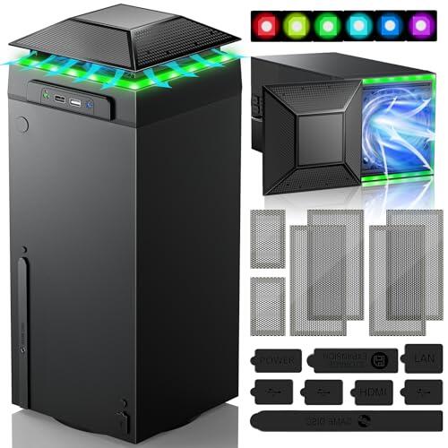 Ventilador de refrigeración RGB para Xbox Series X con filtro de polvo y 7 modos de luz LED RGB, velocidad automática del ventilador ajustable por temperatura, interruptor táctil independiente del