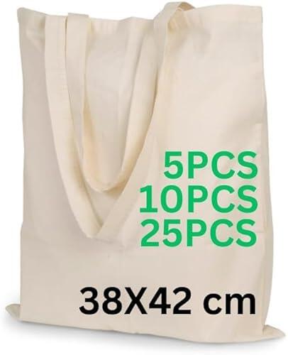 Enviroflex Bolsas de Asas Premium de Lona 100% Algodón, Bolsas de Compra Sostenibles, Ecológicas y Reutilizables con Asas Largas, 38x42 cm (Paquete de 25, Natural)