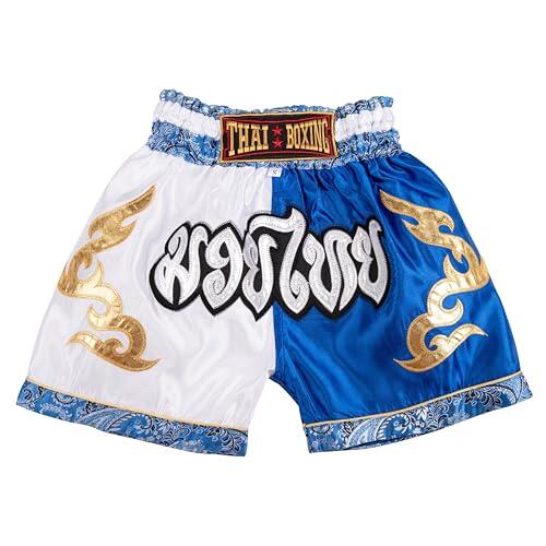 MUAY NATION Pantalones Cortos de Muay Thai para Niños (2 Años - 12 Años) Niñas Niños Pantalones de Boxeo para Kickboxing MMA Artes Marciales (FR/ES, Edad, 4 años, 6 años, Regular, Blanco/Azul)