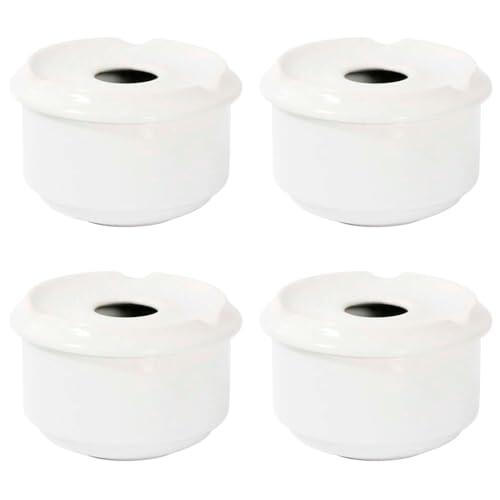 Acan Tradineur - Pack de 4 ceniceros Redondos Blancos de cerámica, 11 x 6 cm, Recipiente con Tapa removible y Muescas para cigarros, Uso Interior y Exterior, hostelería, hogar