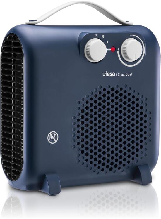 Ufesa Crux Dual Calefactor de 2000W, 3 Niveles de Potencia, Termostato Regulable, Uso Plano y Vertical, Función Ventilación, Azul