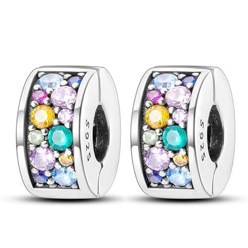 CYCUFF Abalorio Espaciador con Clip para Pulsera de Plata de Ley 925, Estrella Luna Pavé de Circonita Cúbica, Abalorio con Cierre de Clip y Tope, Regalo para Mujer, Plata de ley, Plata de ley 925.