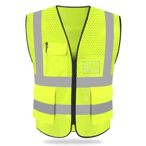 HYCOPROT Chaleco de Seguridad Reflectante Alta Visibilidad Ropa de Trabajo Gerente Ejecutivo Chaqueta de Chaleco Cremallera Brace Seguridad Teléfono Móvil Titular de Id de Bolsillo (Amarillo, M)