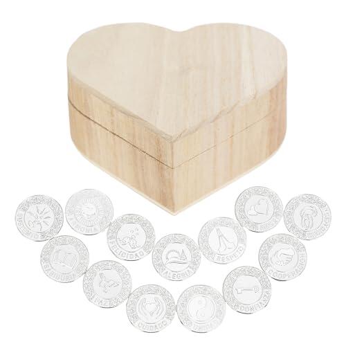 TINGKU Arras de Boda Catolica Set de monedas de boda - 13 monedas de unidad de plata para la ceremonia de boda católica, elegantes Recuerdos Para Boda con caja de madera en forma de corazón