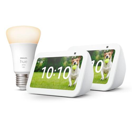 Echo Show 5 (3.ª generación) | Blanco, pack de 2 + Philips Hue White Bombilla Inteligente (E27), compatible con Alexa - Kit de inicio de Hogar digital