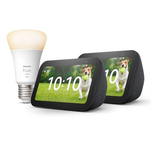 Echo Show 5 (3.ª generación) | Antracita, pack de 2 + Philips Hue White Bombilla Inteligente (E27), compatible con Alexa - Kit de inicio de Hogar digital