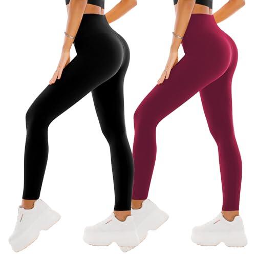 SINOPHANT 2 Leggins Mujer Pantalon Yoga Mallas Deporte Leggings Suaves Elásticos de Cintura Alta Tallas Pilates L-XL 2 Negro/Rojo Vino