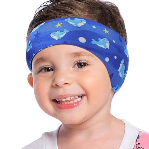 MoKo Diadema de Natación Impermeable, Banda Cabeza Ajustable Antideslizante Protección Orejas Cabello Fijación de Tapones Patrón Animal para Piscina Playa Niños 3 a 9 Años, M - Tiburón Azul Oscuro