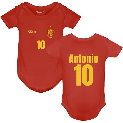 QCM Productos Personalizados Bodie De Bebé Personalizable Con Nombre Y Número | Fútbol | España | No Oficial (3 Meses, Rojo)