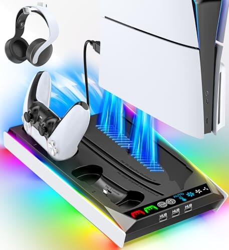Soporte para PS5/Pro/Slim y Refrigeración para PS 5 Disc & Digital, Cargador para PS5 & Edge Mando, Ventilador Automático PlayStation 5 de 3 Velociadades 3 USB HUB