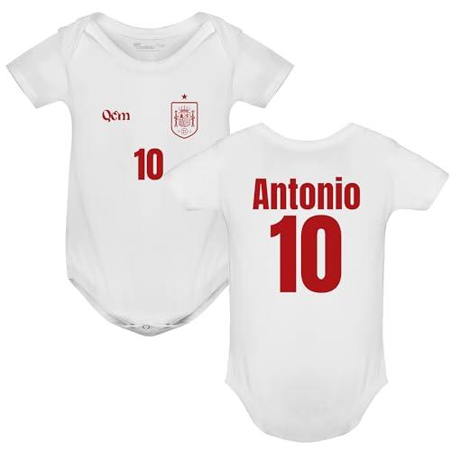 QCM Productos Personalizados Bodie De Bebé Personalizable Con Nombre Y Número | Fútbol | España | No Oficial (3 Meses, Blanco)