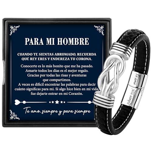 Rebundex Regalos Originales para Hombre Pulsera Cuero Plata San Valentin Regalos Hombre, Marido Novio Pareja Aniversario Navidad San Valentin Cumpleaños
