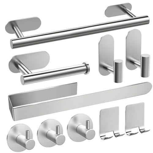 AIKER Toalleros de Baño Sin Taladro,Versión Completa Juego de Toallero de Baño 10PCS,Acero Inoxidable SUS304 de Espesada Accesorios Baño para Mueble Baño o Colgador Pared Decoracion baño-Plata