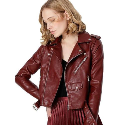AYAZER Primavera y Otoño Chaqueta de Cuero de PU con Cremallera Multicolor Chaqueta con cinturón Corto Ropa de Moto-Borgoña-S