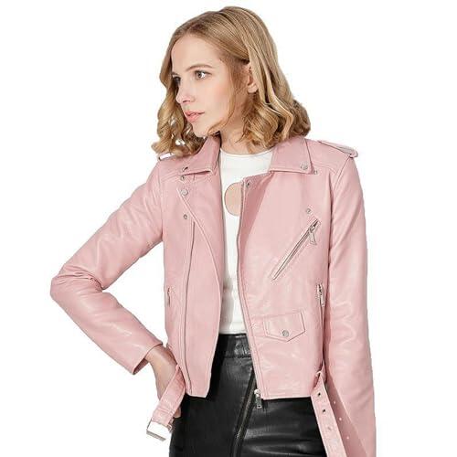 AYAZER Primavera y otoño Chaqueta de Cuero de PU con Cremallera Multicolor Chaqueta con cinturón Corto Ropa de Motocicleta-Rosa-L