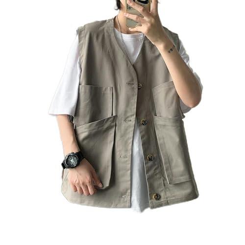 AYAZER Ropa de Trabajo de Verano de Estilo Funcional japonés con Grandes Bolsillos para Hombre, Bonita Chaqueta y Chaleco Holgados y versátiles-Gris-L