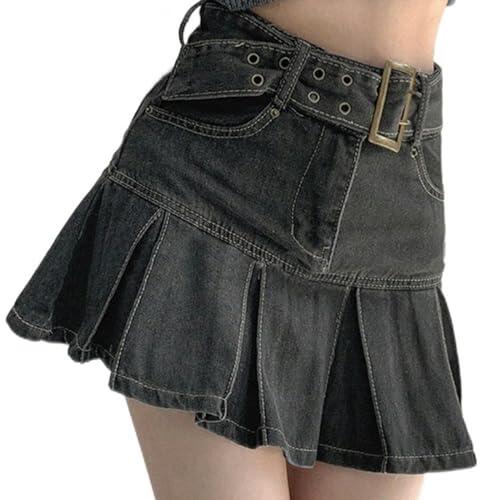 AYAZER Falda Vaquera Plisada de Cintura Alta de Verano con Forma de Pera Que Cubre una Falda Adelgazante de una línea-Negro-3XL
