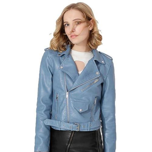 AYAZER Primavera y otoño Chaqueta de Cuero de PU con Cremallera Multicolor Chaqueta con cinturón Corto Ropa de Motocicleta-Azul-M