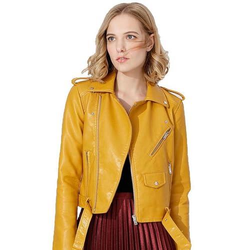AYAZER Primavera y otoño Chaqueta de Cuero de PU con Cremallera Multicolor Chaqueta con cinturón Corto Ropa de Motocicleta-Amarillo-L
