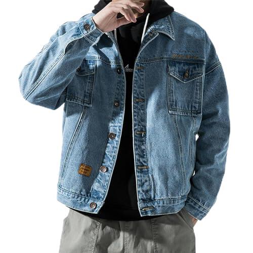 AYAZER Chaqueta Vaquera Gruesa de Terciopelo Retro para Hombre Chaqueta de Trabajo Informal Suelta de otoño e Invierno Top - Azul Claro - Talla 4XL