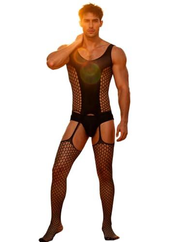 ohyeahlady Body de Rejilla Sexy Hombre Fiesta Talla Grande Medias Red de Malla Conjunto de Lencería de Encaje Bodystocking Abierto Jumpsuit Mesh Ropa Interior Transpirable Clubwear Negro,L-XXL