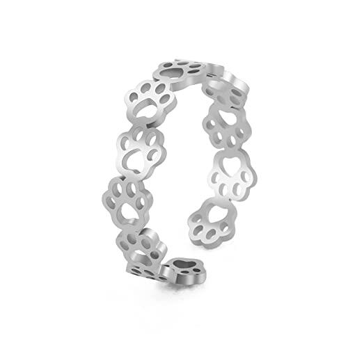 Amaxer Hermosos anillos de pata de animal, oso, perro, gato, acero inoxidable, anillo de dedo abierto, joyería de playa, regalos para mujeres, niñas, amigas, Acero inoxidable (Plata)