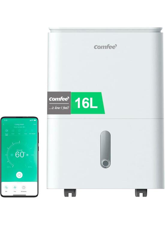 COMFEE' Deshumidificador de Humedad 16L Silencioso | WiFi/App, Modo Secado de Ropa y Auto Antihumedad, Purificador Eléctrico Antibacterias, moho y Condensación | Ideal en habitaciones hasta 45m2/120m3