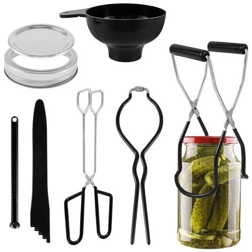 Eummy Kit de iniciación de suministros de enlatado de acero inoxidable, juego de herramientas de enlatado con estante de enlatado, elevador de tarros Tonga, kit de enlatado multifuncional duradero