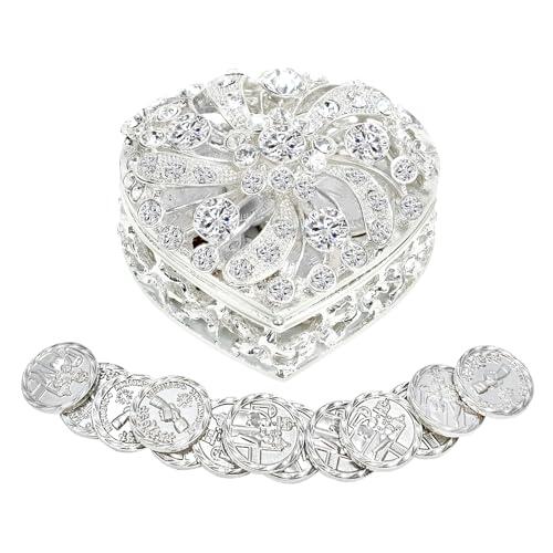 ESNOY Juego De Monedas Arras De Boda Catolica Caja Plateada En Forma De Corazon Con Cristales Decorativos De Diamantes De Imitacion Para Ceremonia De Boda Cristiana